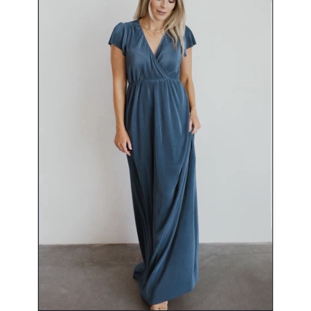 Baltic Born Athena Pleated Maxi Dress Short Sleeve Blue Sz S Formal Short Sleeve